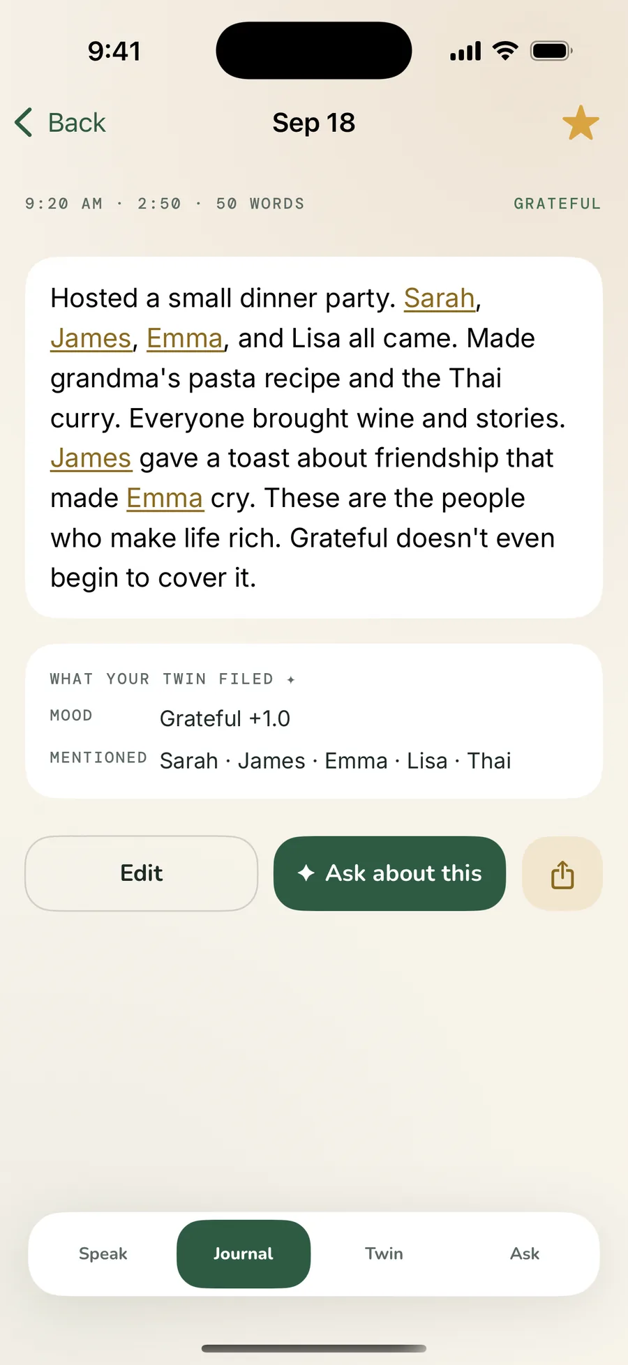 A journal entry about hosting a dinner party, with Sarah, James and Emma underlined in gold, and a panel below titled What your Twin filed: mood Grateful +1.0, mentioned Sarah, James, Emma, Lisa and Thai.