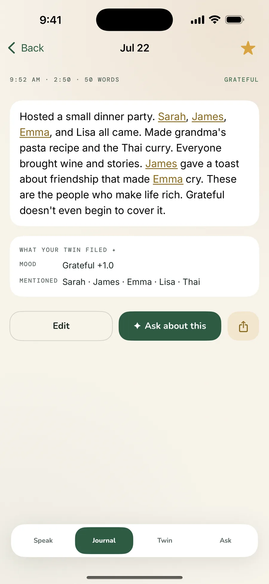 An entry with the names Sarah, James and Emma underlined in gold, and a ledger below it reading MOOD grateful, MENTIONED Sarah, James, Emma, Lisa.