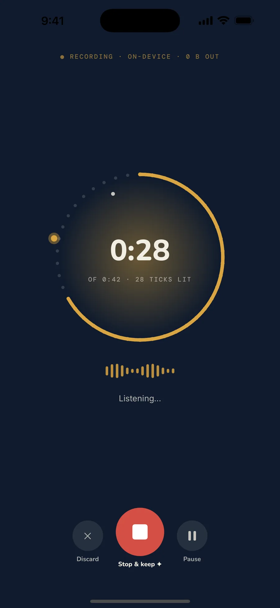 Recording in progress: a 42-second dial at 28 seconds, a live waveform, and the words being transcribed on the phone as they are spoken.