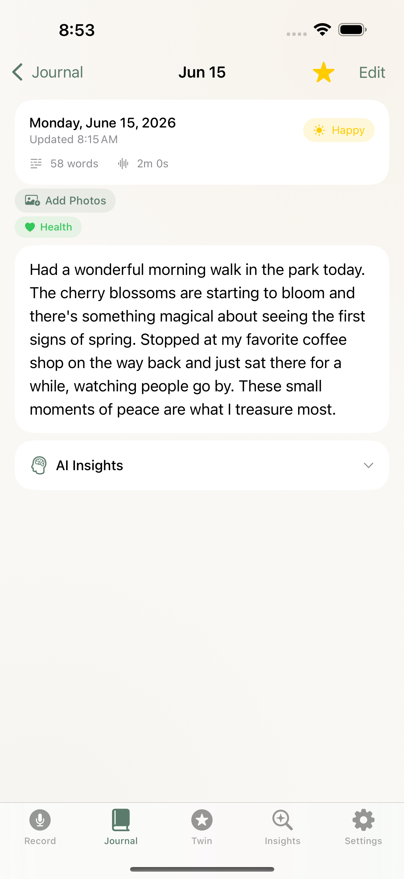 DailyVox entry screen — a voice note transcribed into clean written text on-device.