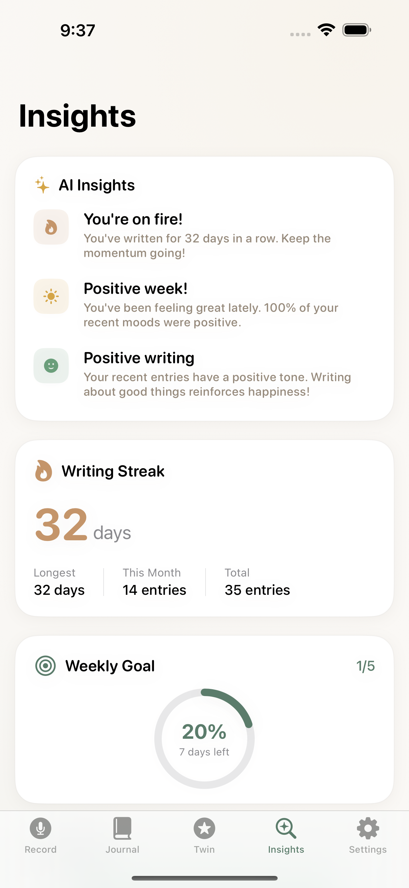 DailyVox insights screen — recurring patterns and themes surfaced across journal entries.