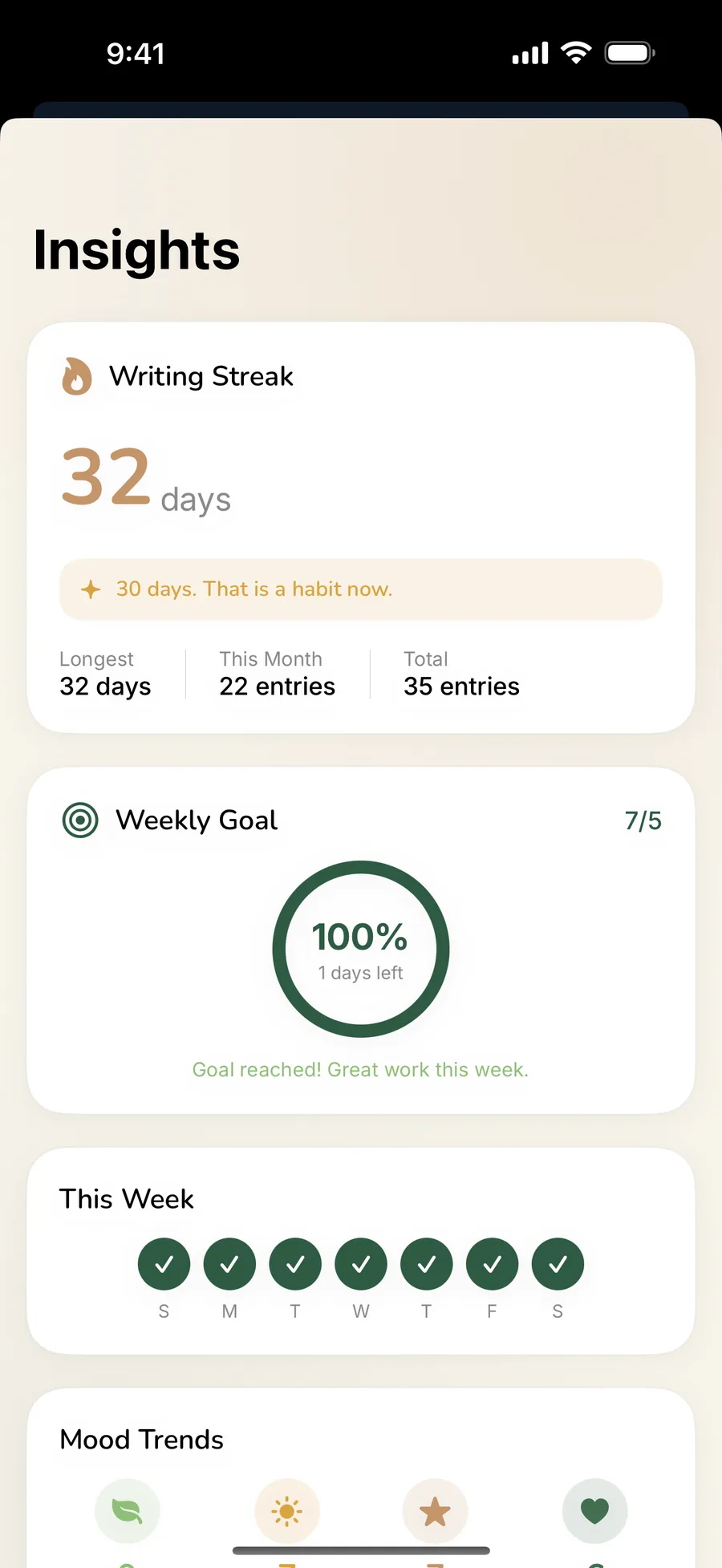 Insights: a 32-day writing streak, the weekly goal, and the week's entries.