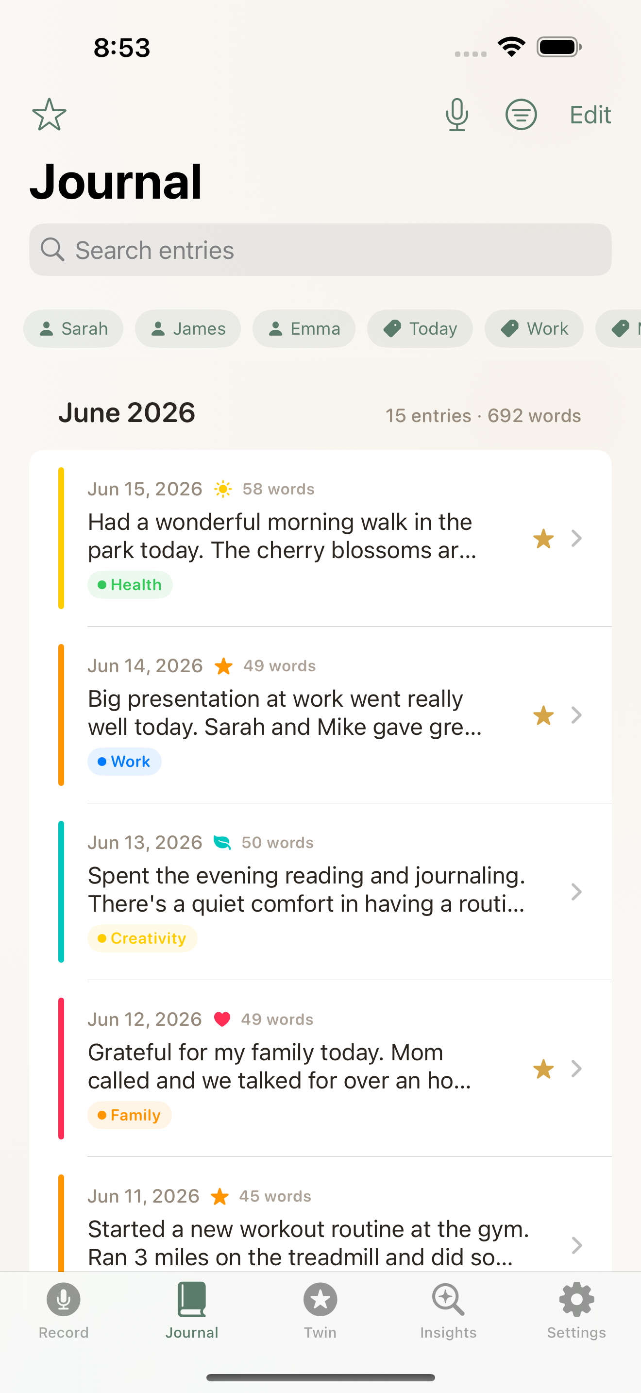 DailyVox timeline screen — past entries shown as a private constellation of stars.
