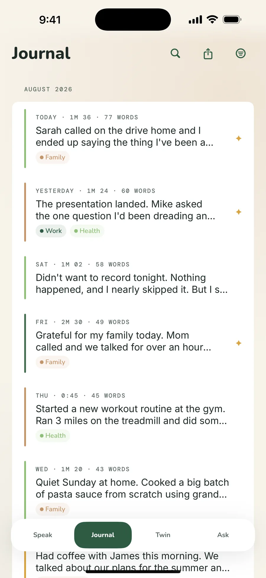 The Journal: entries with the time spoken, how long, and the word count, newest first.
