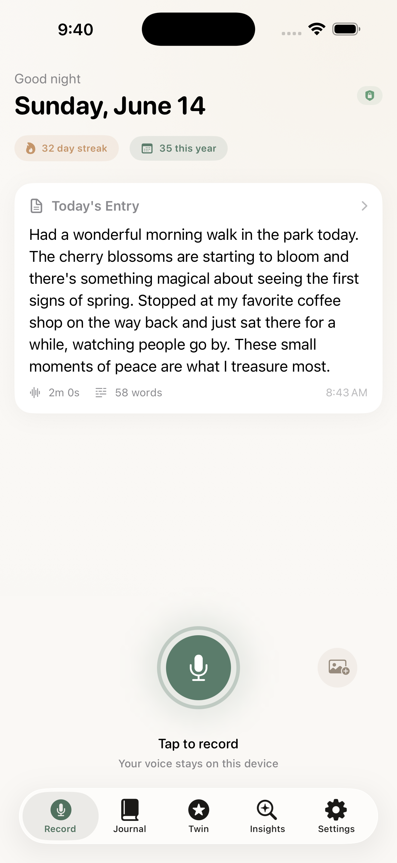 DailyVox recording screen — a large microphone button to start a 42-second voice journal entry on iPhone.