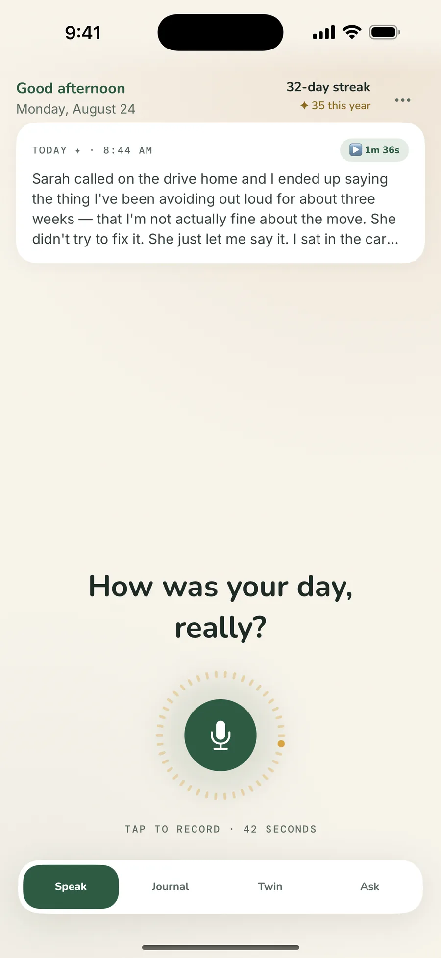 The Speak tab: today's entry under the greeting, and a microphone docked at the bottom where your thumb is.