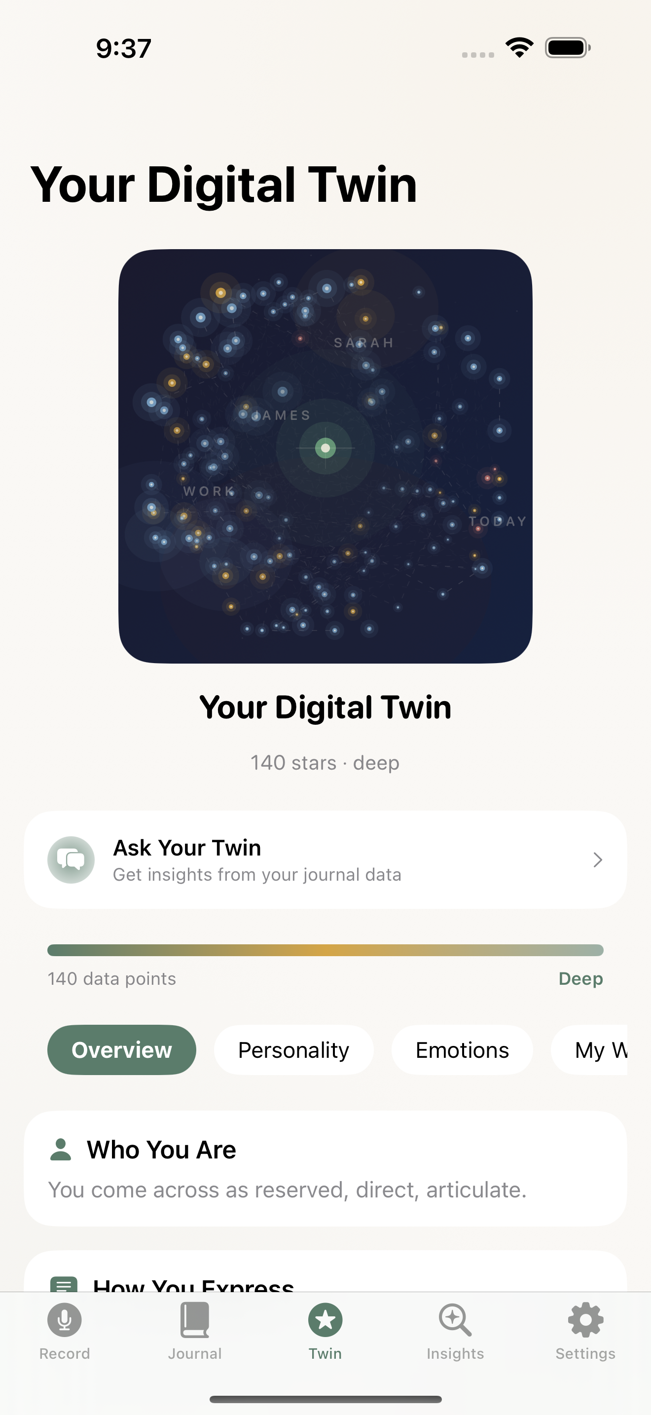 DailyVox Digital Twin screen — a constellation model of the user's personality, people and topics built from journal entries.